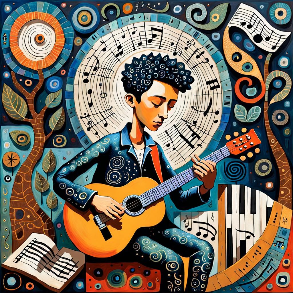 Boy Playing Guitar in Whimsical Folk Art Style