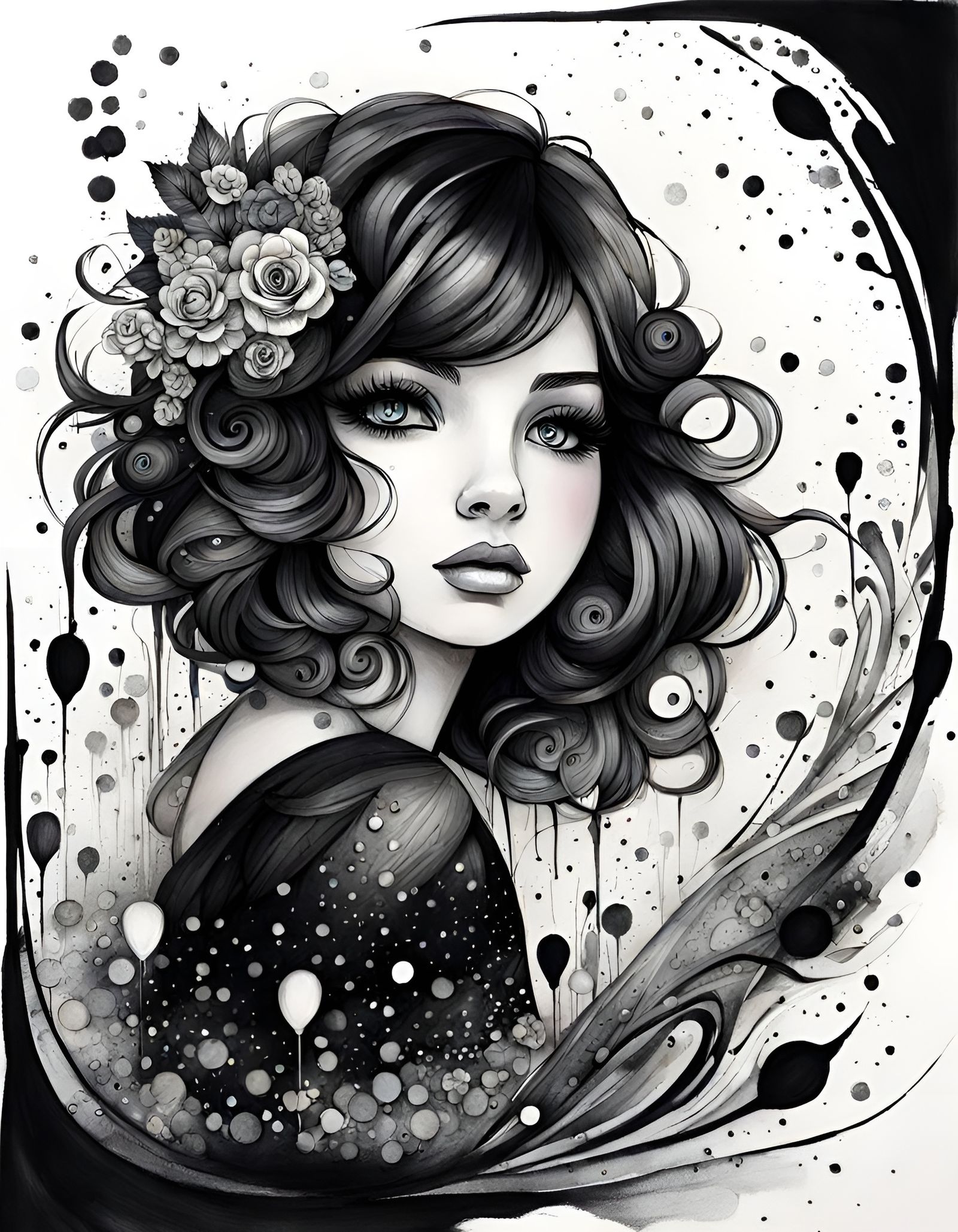 Cute Girl with Tearful Eyes in Intricate Ink Drawing Style