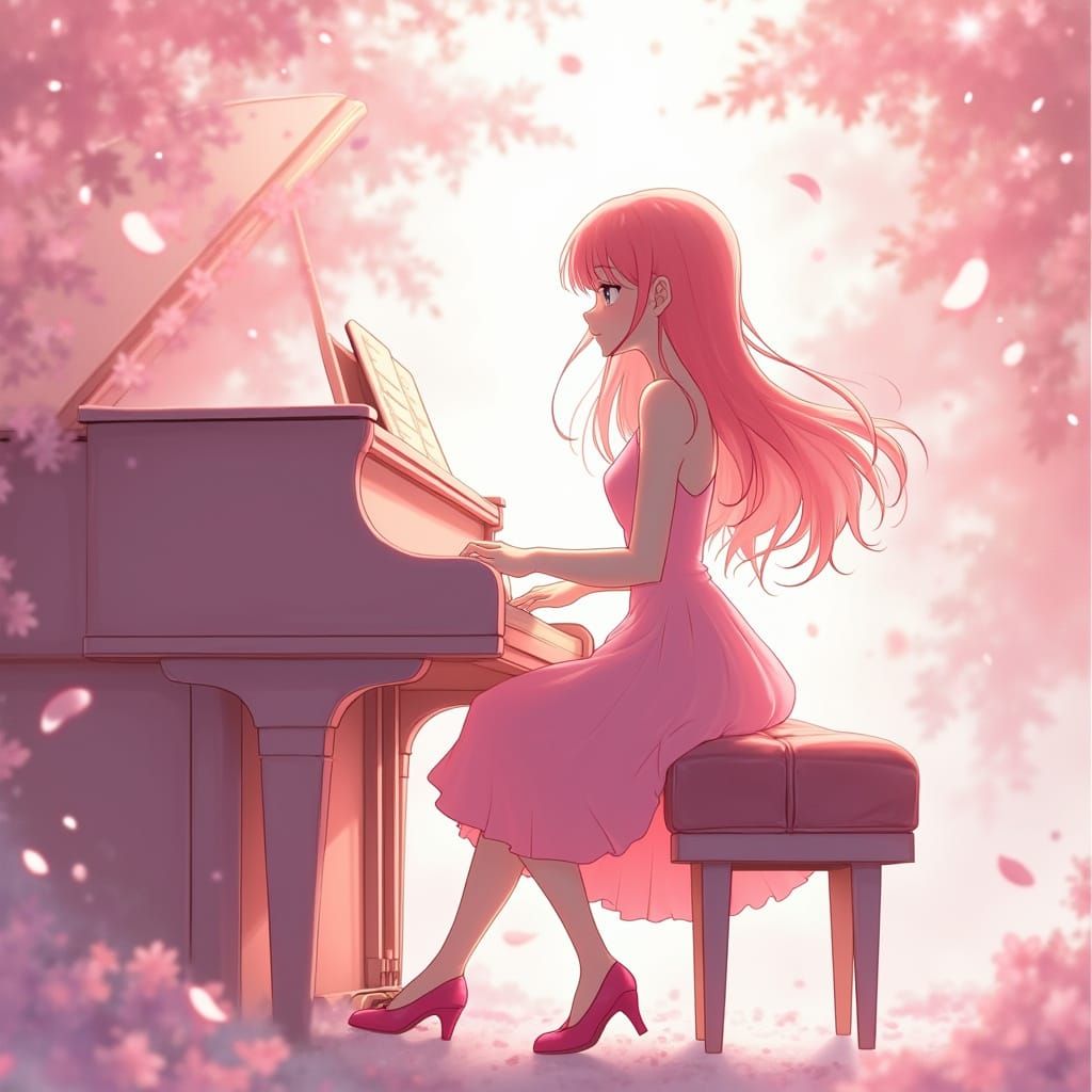 Elegant Pink Piano Scene in Anime Style