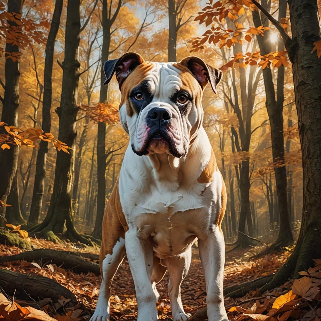 Surreal American Bulldog Emerges from Autumn Woods in Hyper-...