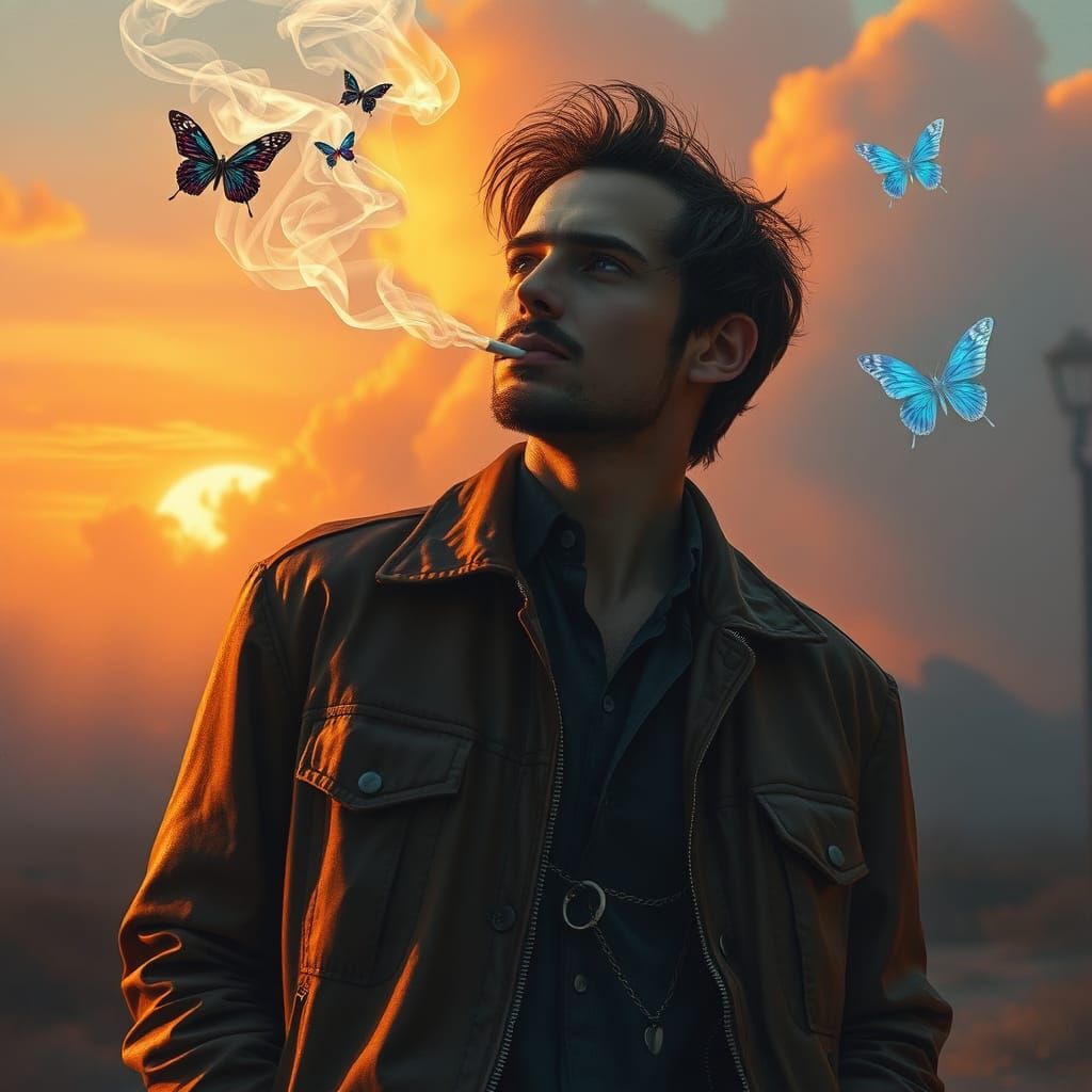 Dreamlike Scene of a Man Exhaling Colorful Smoke
