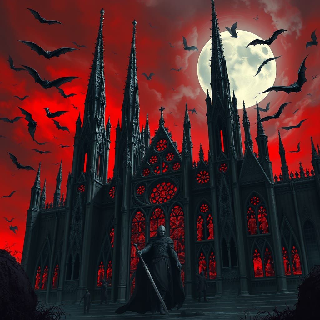 Dark Fantasy Cathedral of Bones Under Crimson Sky