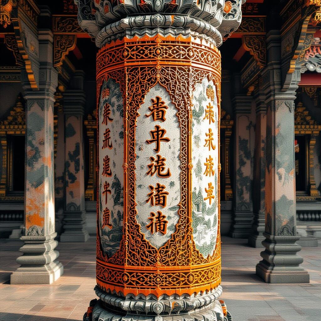 Mystic Temple Column with Ancient Orange Glyphs