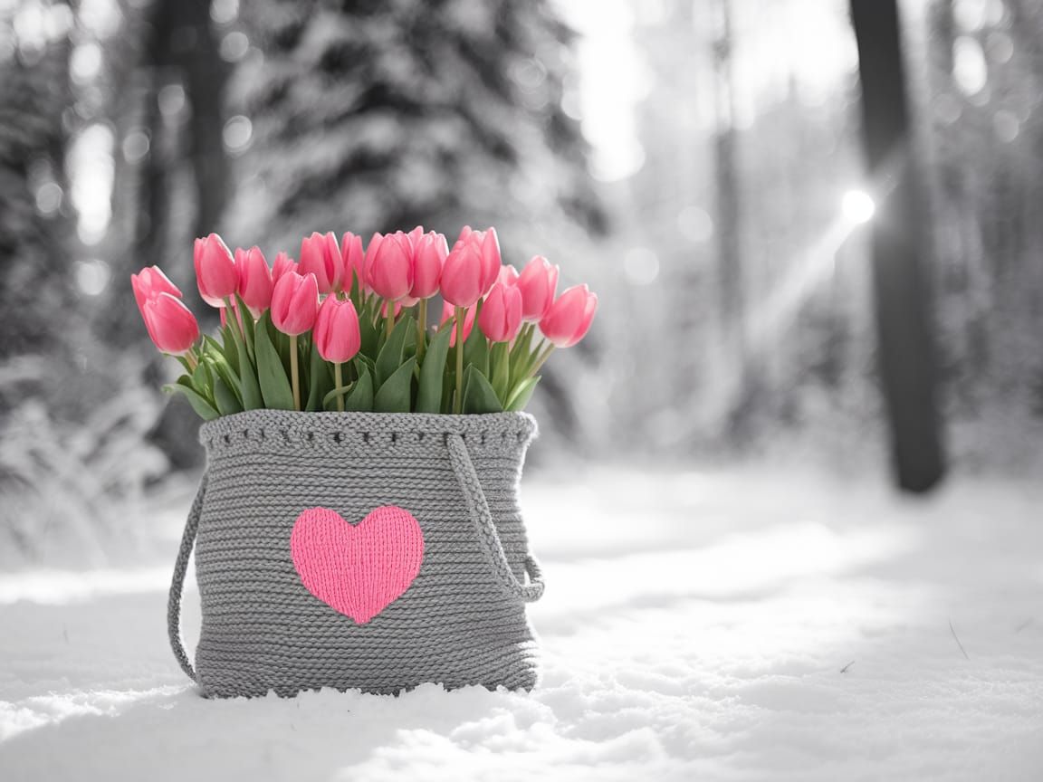 Cozy Winter Scene with Pink Tulips in Snowy Forest