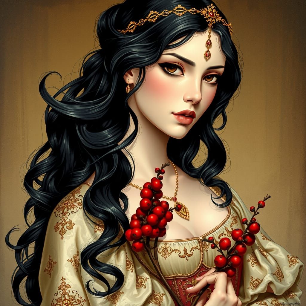 Majestic Brunilde in Golden Circlet and Medieval Attire