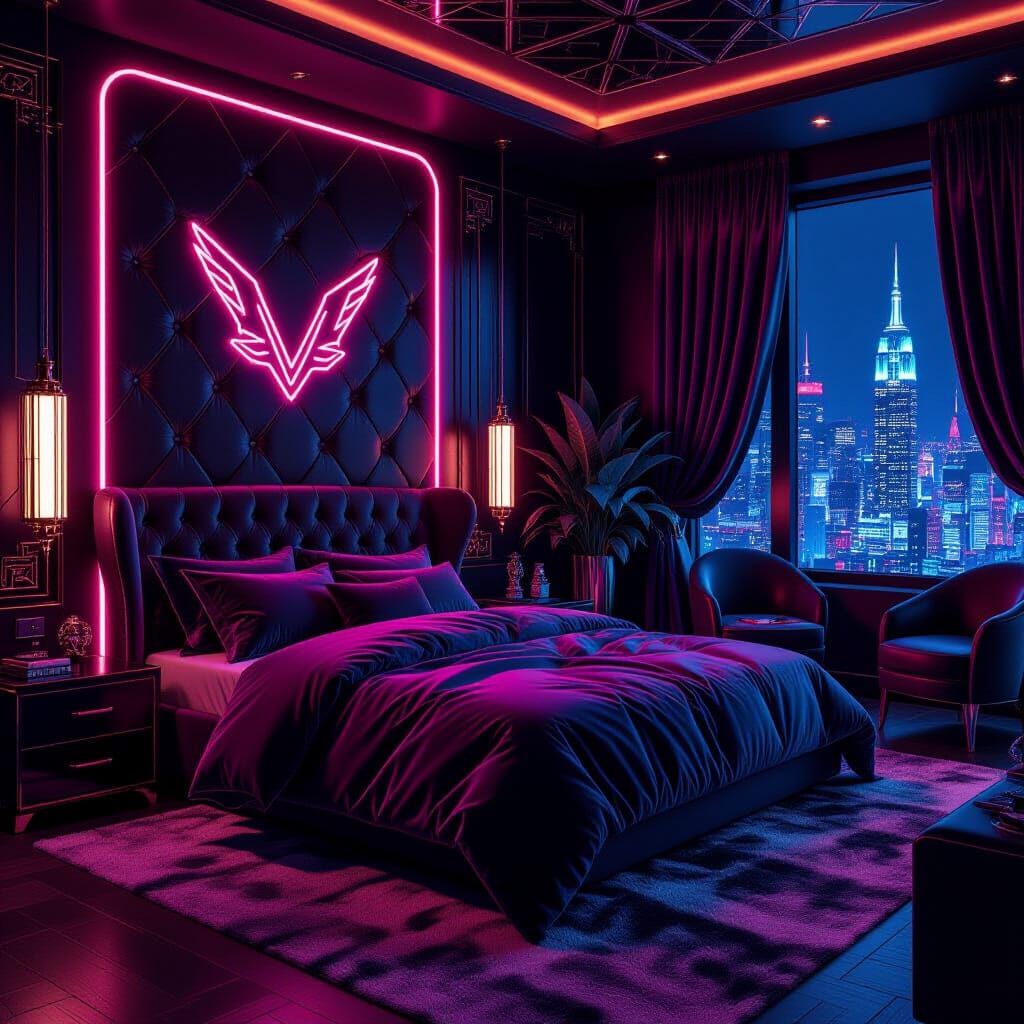 Lavish Bedroom with Neon Decor in Futuristic Style