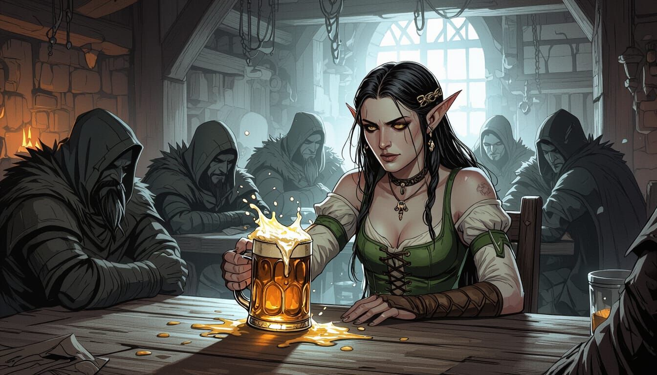 Gritty Dark Fantasy Tavern Scene with Elf
