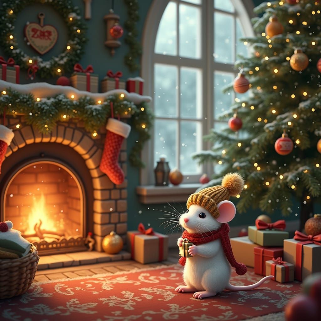 Cozy Christmas Mouse by the Fire