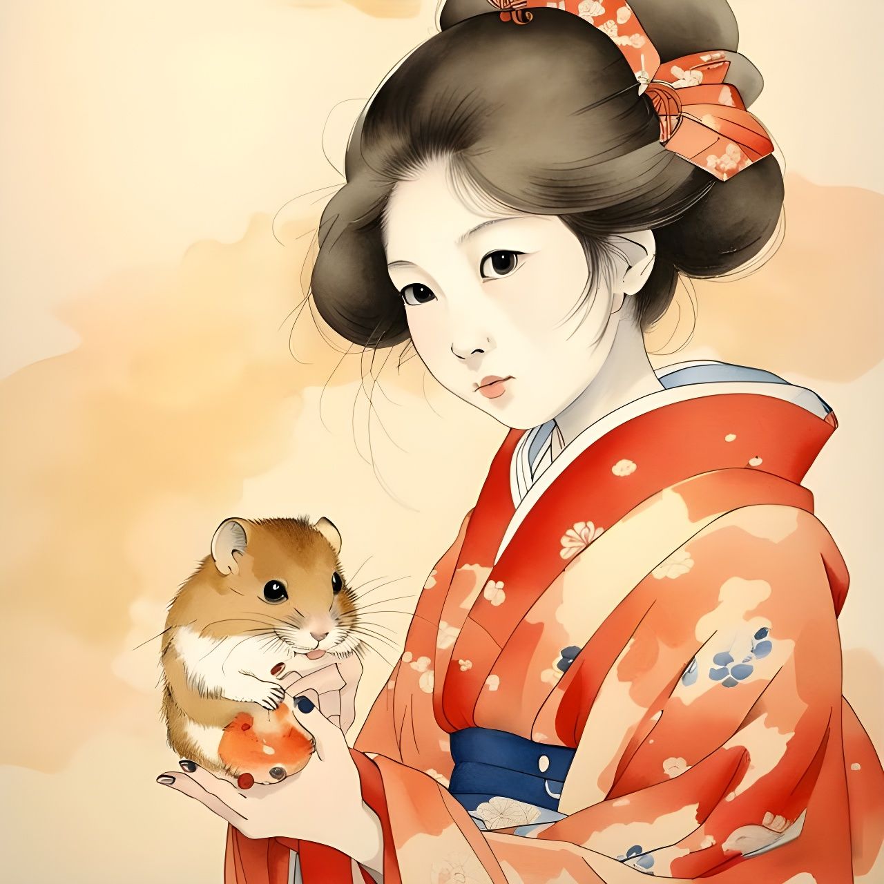 Japanese Girl with a Hamster in Vibrant Watercolour