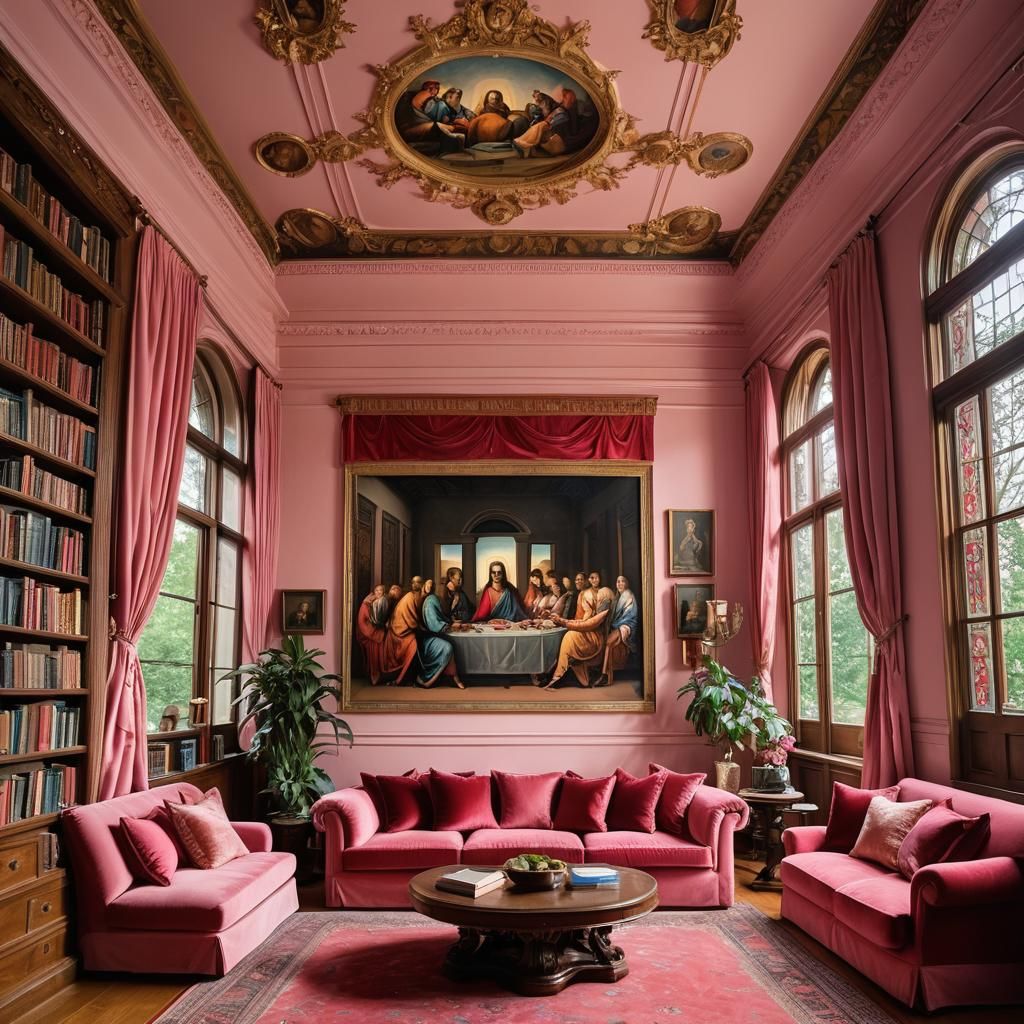 Warm Intimate House Library Room with Light Pink Walls and S...