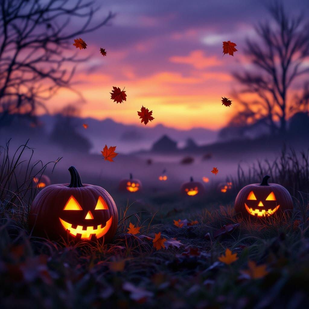 Spooky Farm at Dusk with Pumpkins in Fog