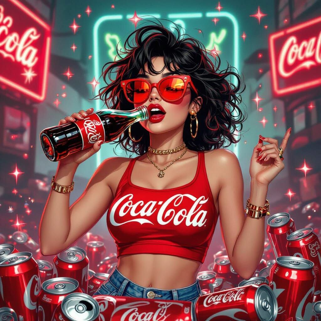 Chaotic Coca-Cola Girl in Surreal Digital Art Style