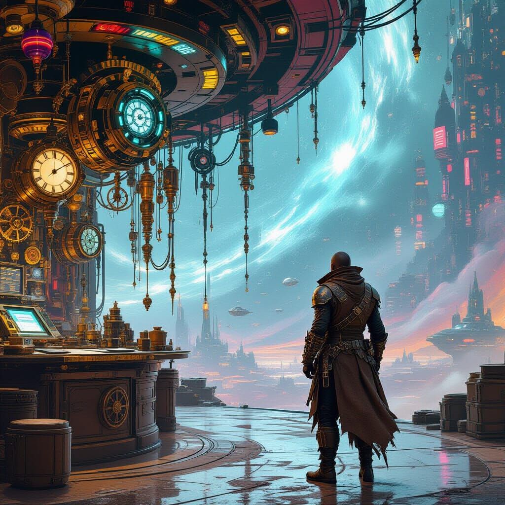 Intergalactic Merchant at Trading Post in Cyberpunk Style