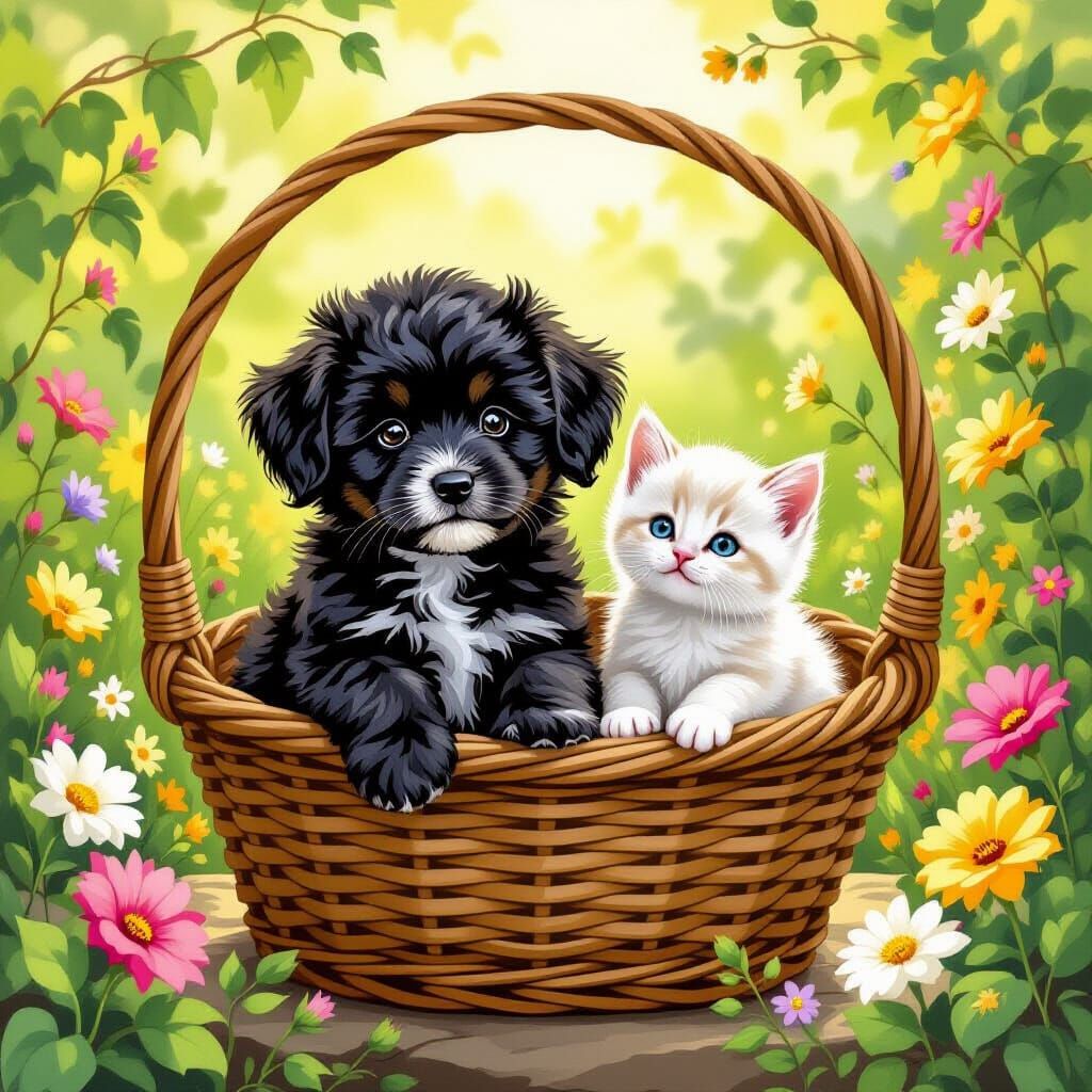 Puppy and Kitten in Flower Basket, Storybook Style