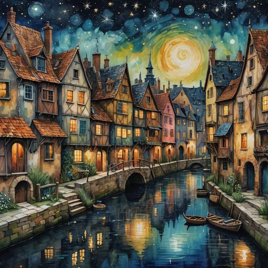 Whimsical Gouache Village Scene by Moonlight