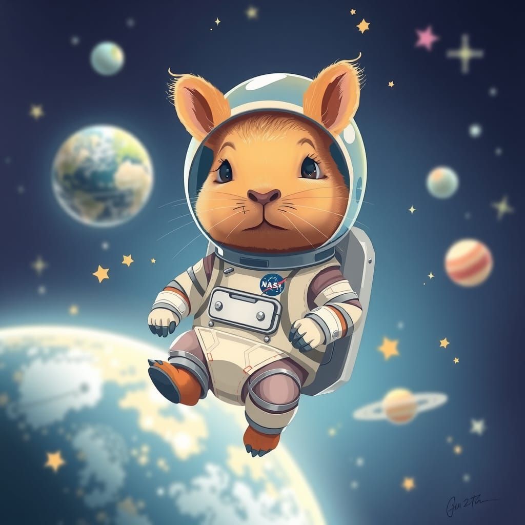 Miniature Capybara Astronaut in Vibrant Pastel Cosmos