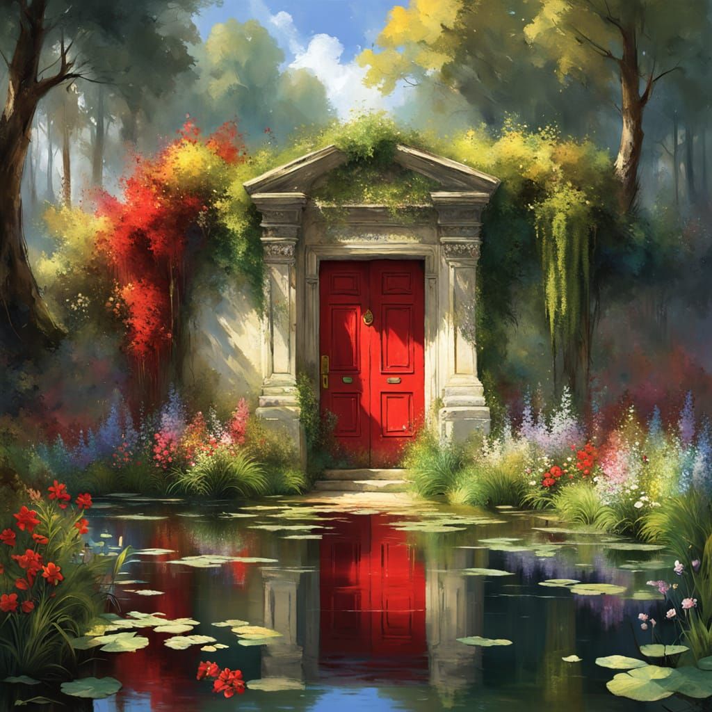 Floral Red Door in Lush Forest Lake