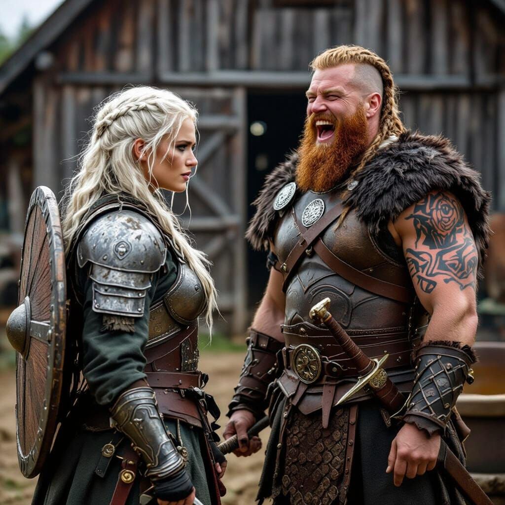 Viking Warrior Confronts Laughing Shield Maiden After Battle...