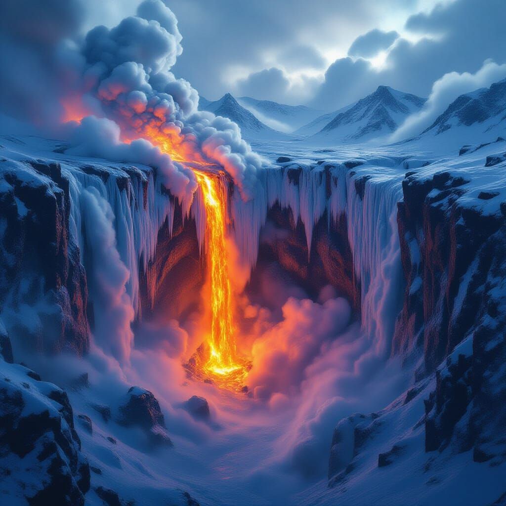 Lava Waterfall on Frozen Cliff in Digital Painting Style