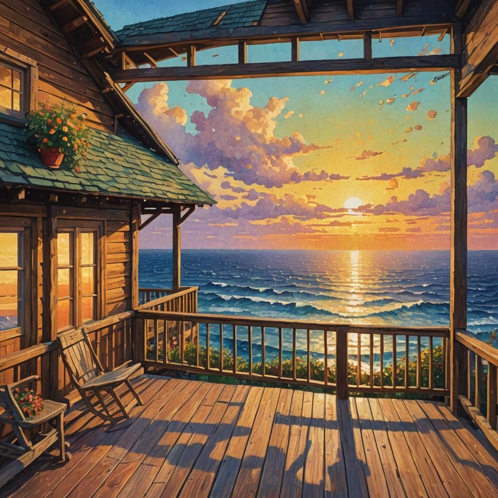 Impressionist Masterpiece: Golden Sunset Over the Ocean