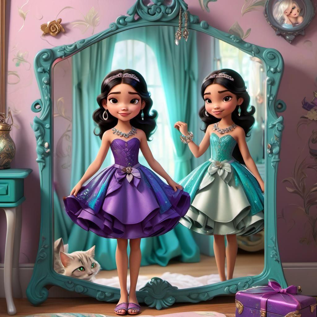 Disney Pixar style 3D adorable little girl trying on a new d...