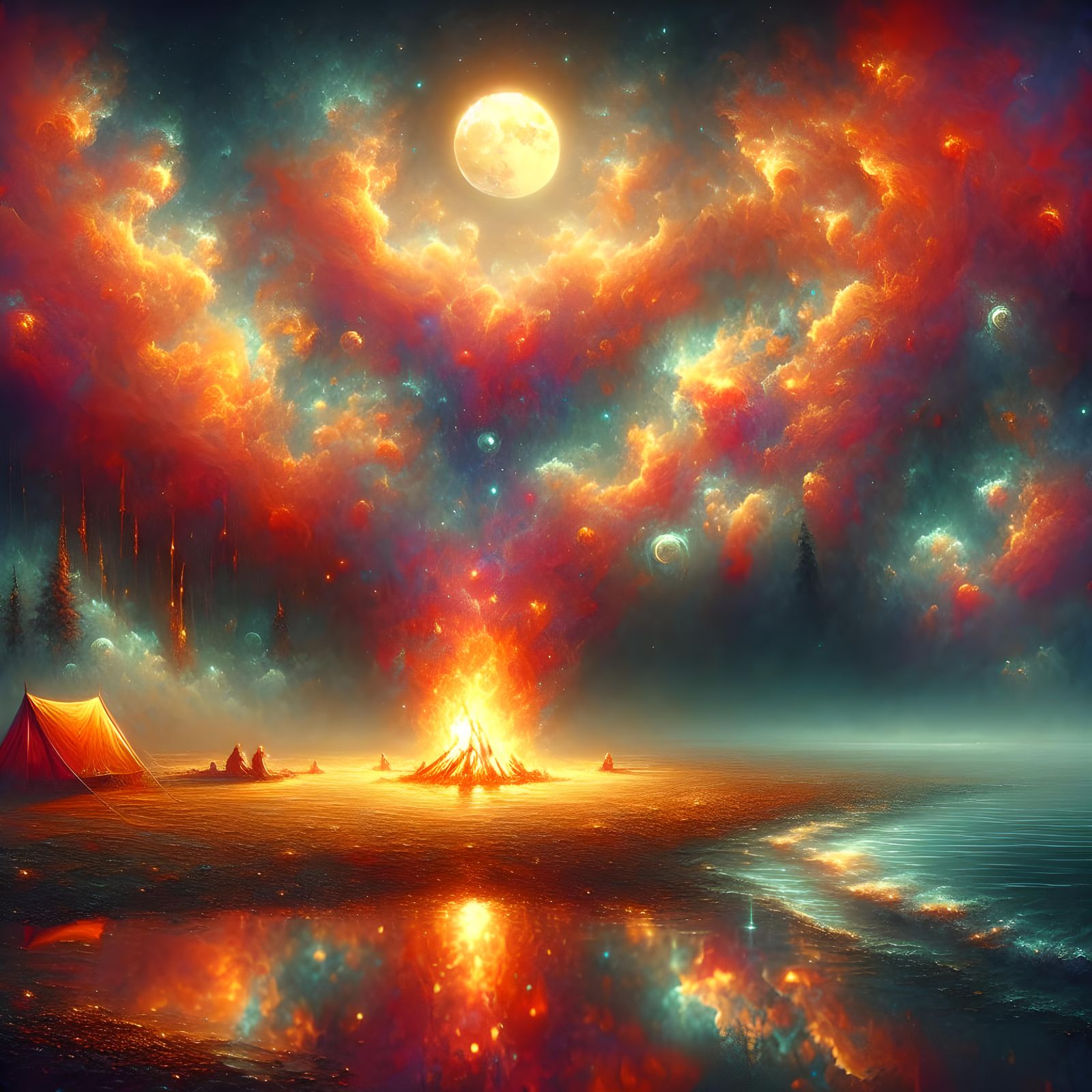 Surreal Beach Campsite Under Vibrant Moonlight