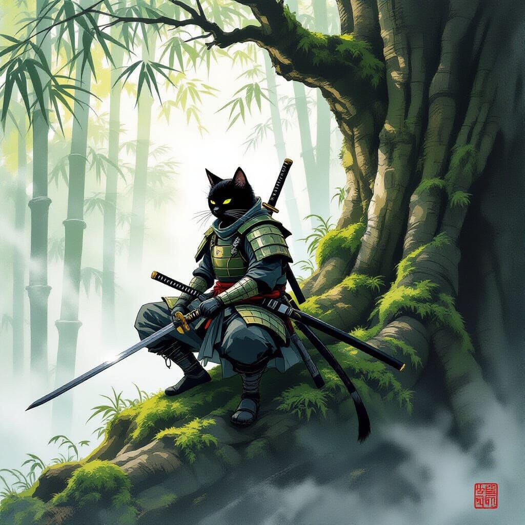 Black Cat Ninja in Bamboo Forest as Ink Wash Art