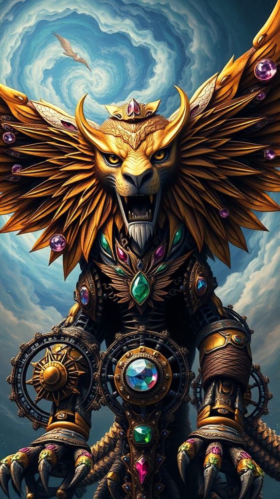 Majestic Lion-Eagle Hybrid Soars Through a Vibrant, Celestia...