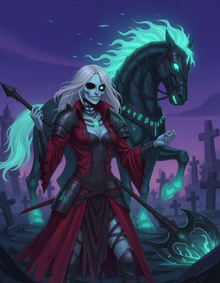 Undead Woman with Spectral Warhorse in Anime Style