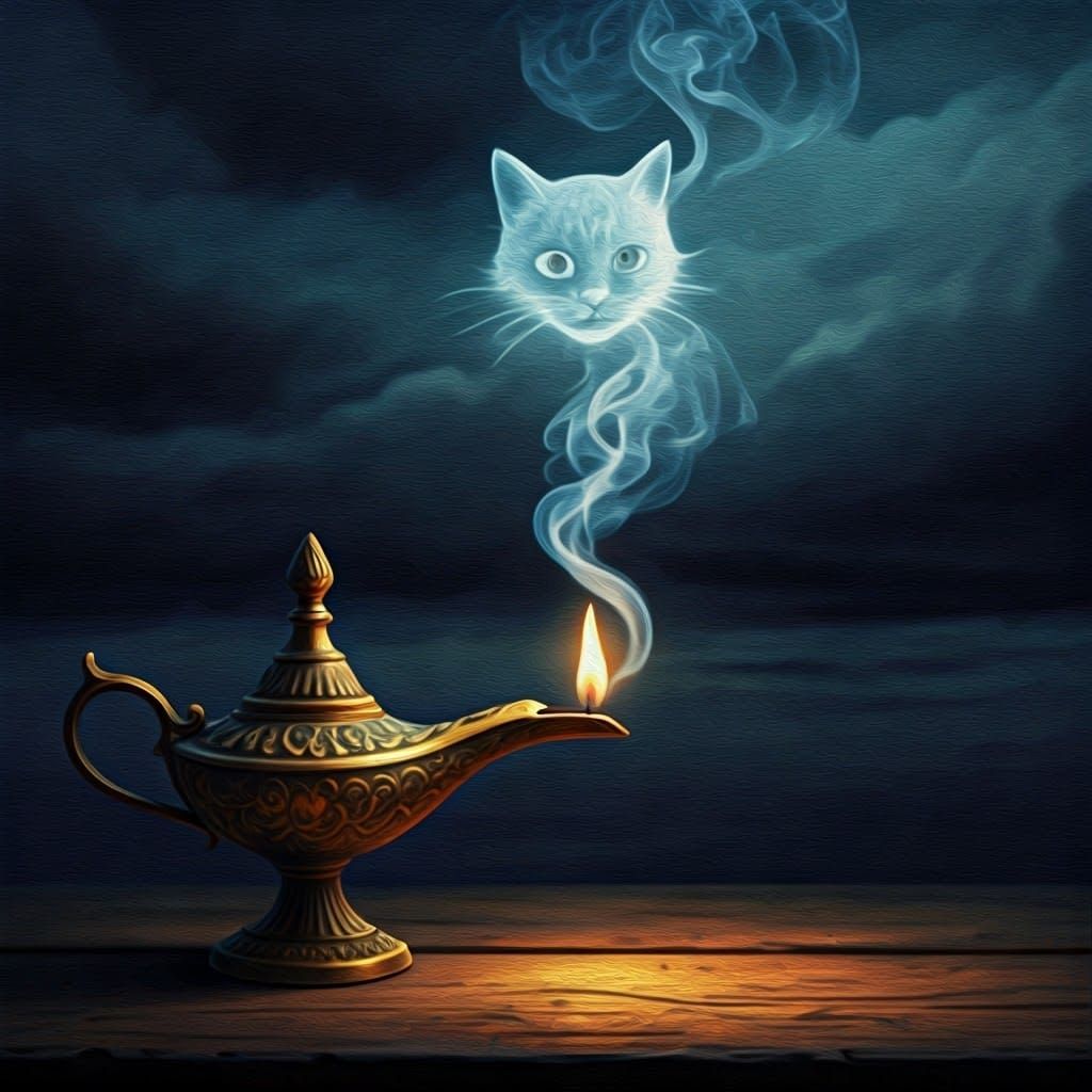 Ethereal Smoke Cat Emerging from Genie Lamp