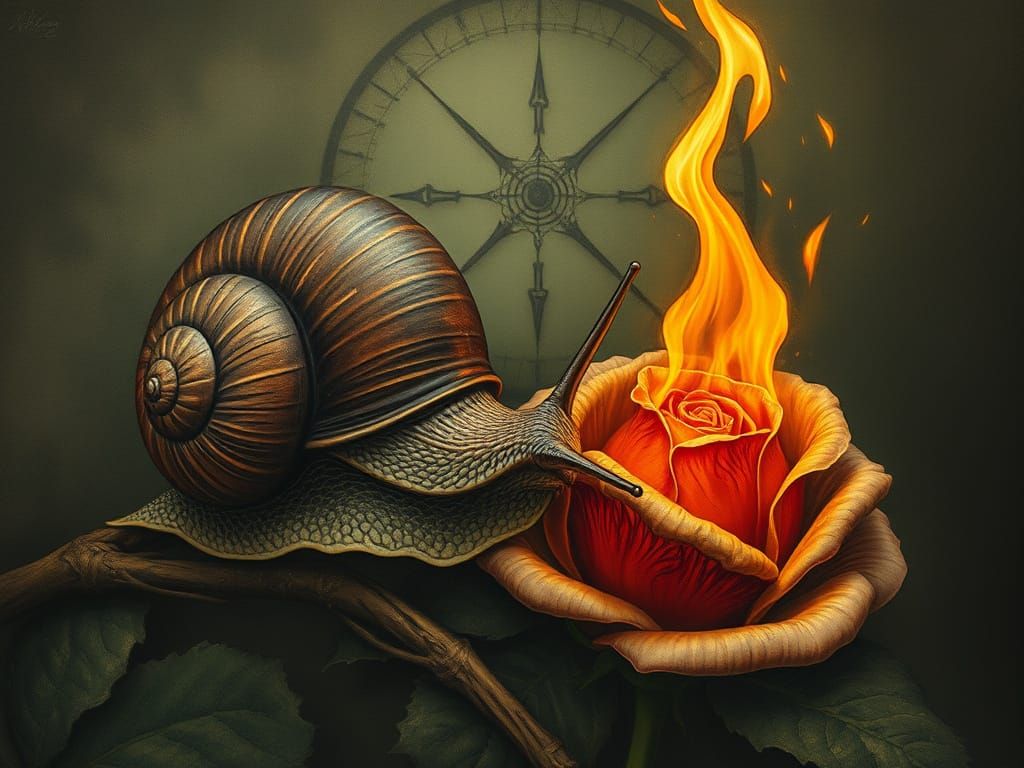 Flaming Rose and Curious Snail in Art Nouveau Style