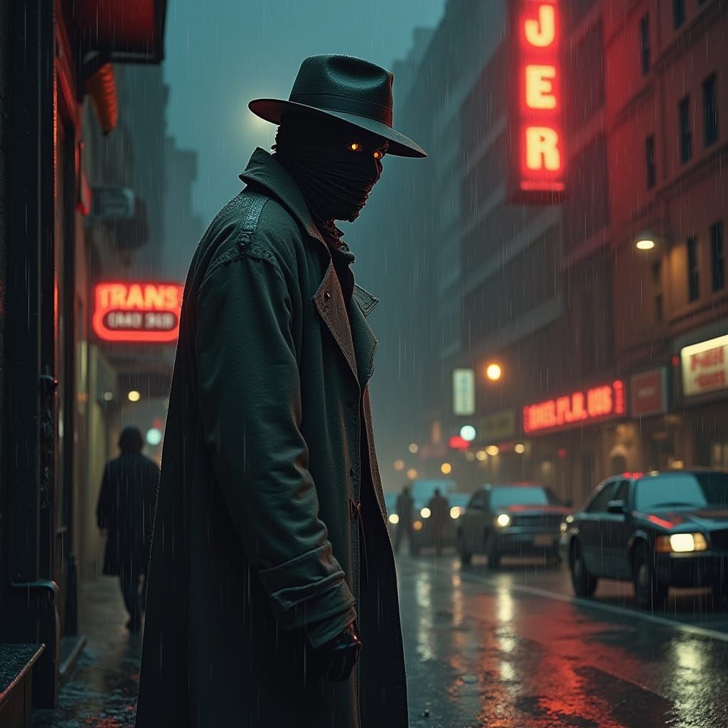 A lone mummy private detective stands on a rain-slicked stre...