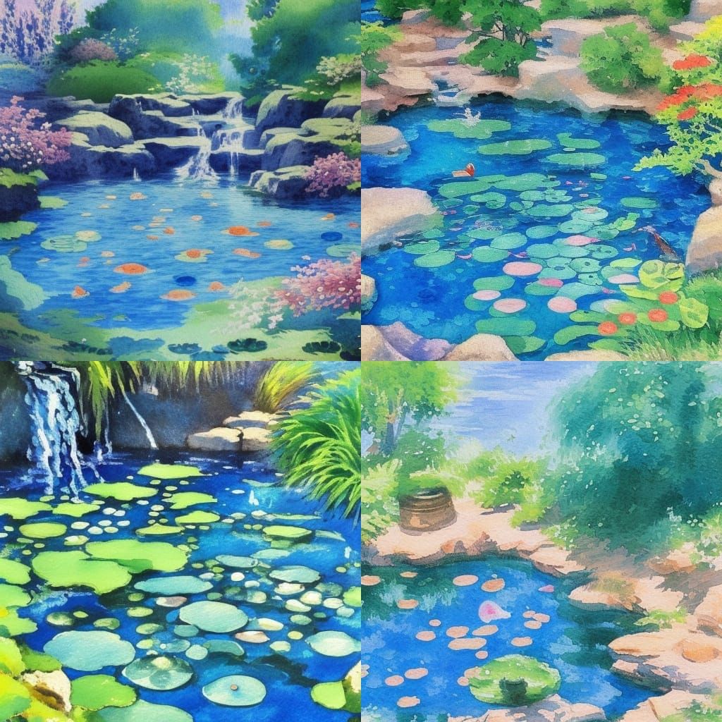 Ethereal Japanese Pond Scene in Vibrant Impasto Gouache