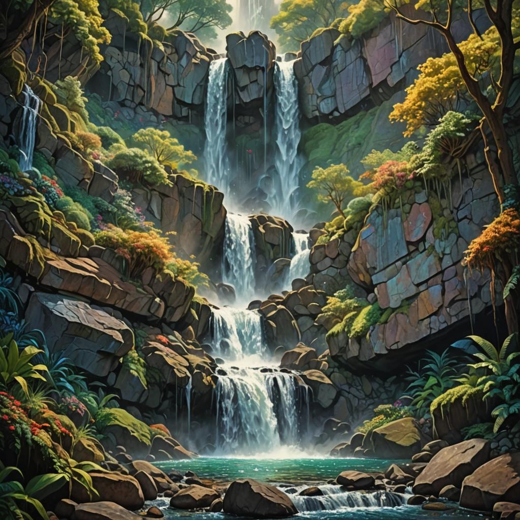 Mystical Waterfall in HDR, Pointillist Details, and Soft Cin...