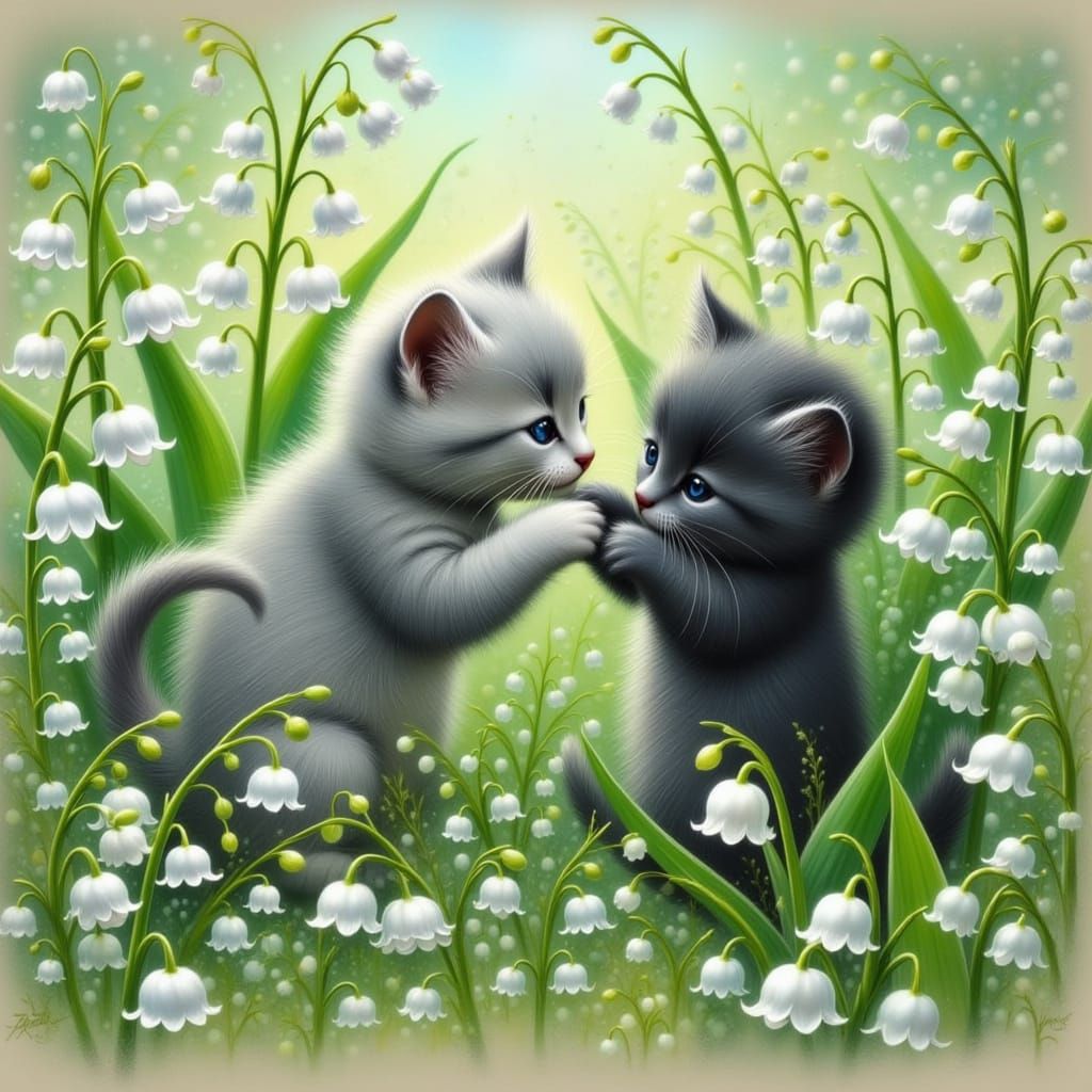 Kittens Play Among Lily of the Valley Flowers