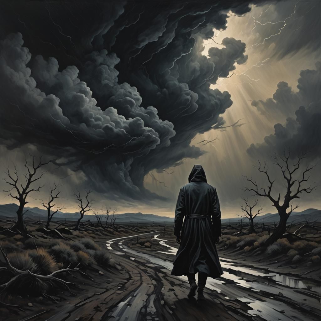 Ethereal Figure Wanders Desolate Landscape in Dark Surrealis...
