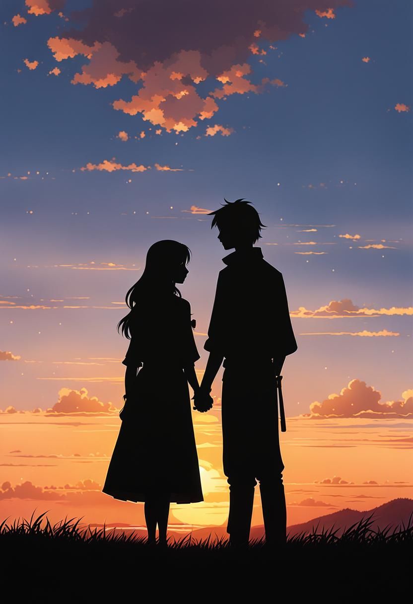 Romantic Couple Silhouetted at Sunset in Anime-Inspired Styl...