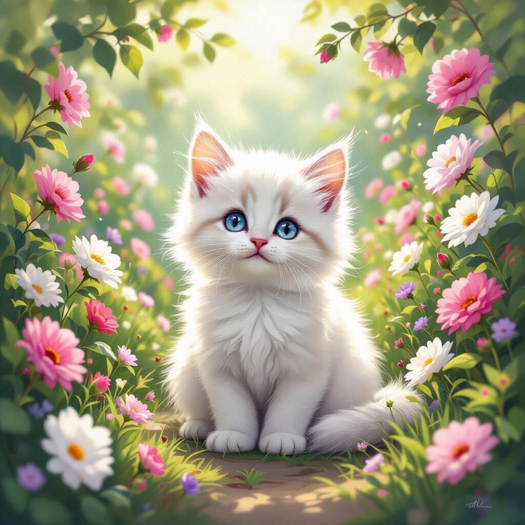 Fluffy White Kitten in a Whimsical Flower Garden