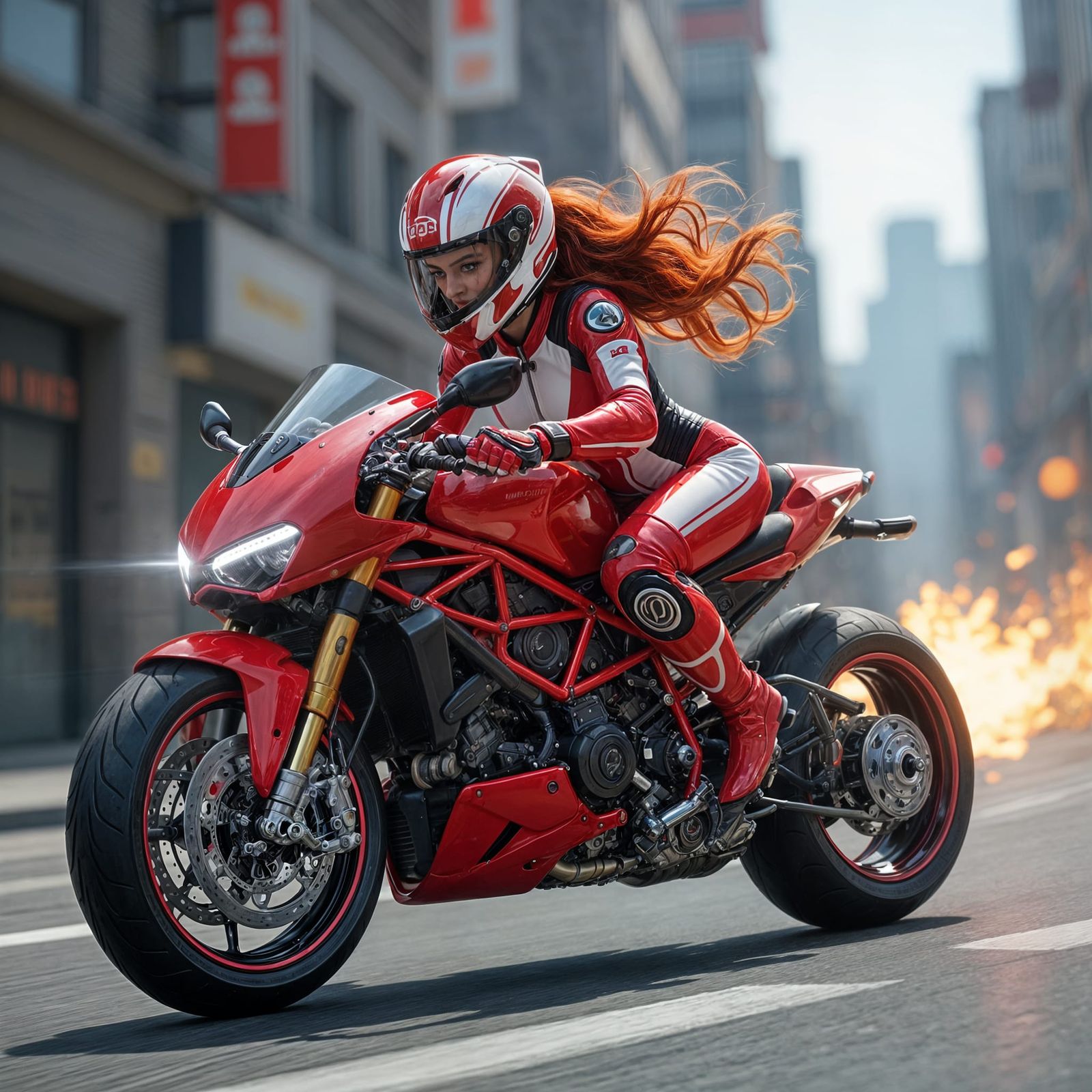Futuristic Motorcycle Racer in Red and White Catsuit