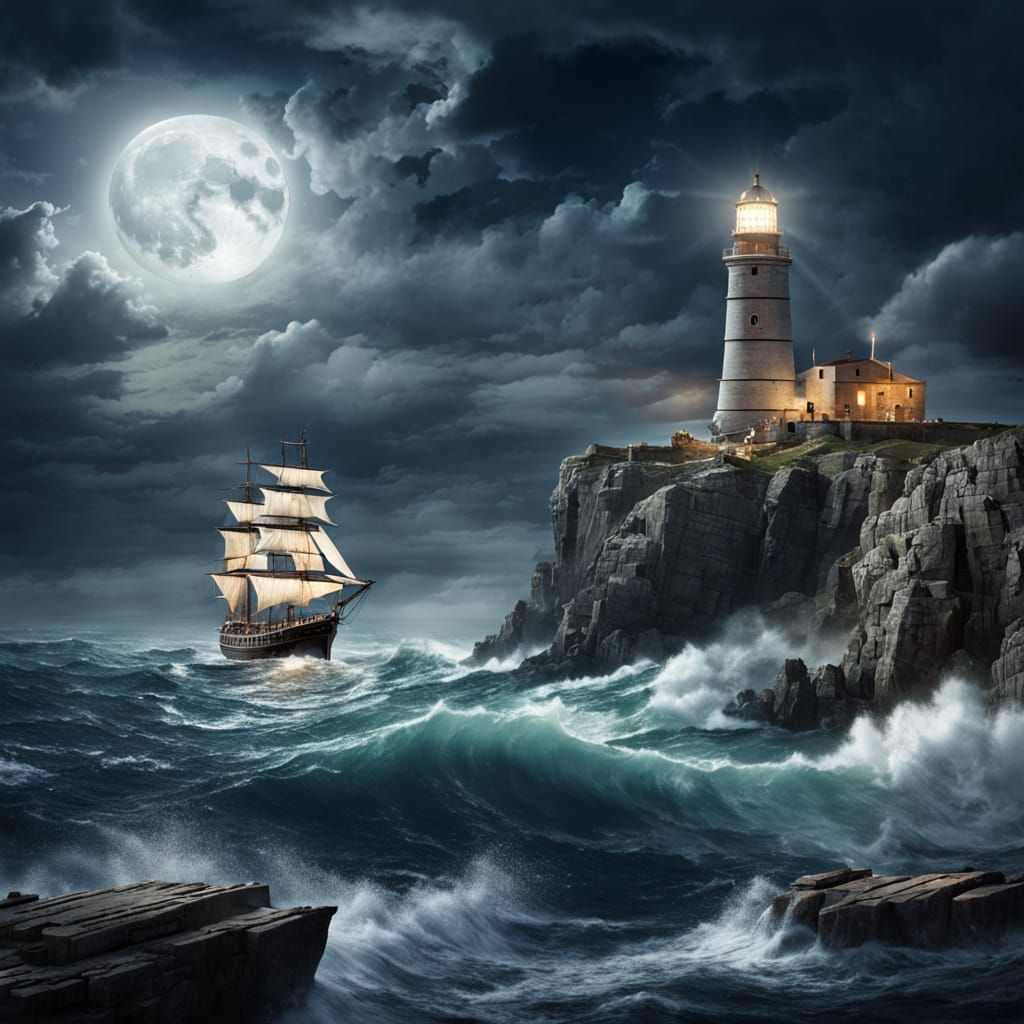 Roman Ship Sails Stormy Seas by Moonlight