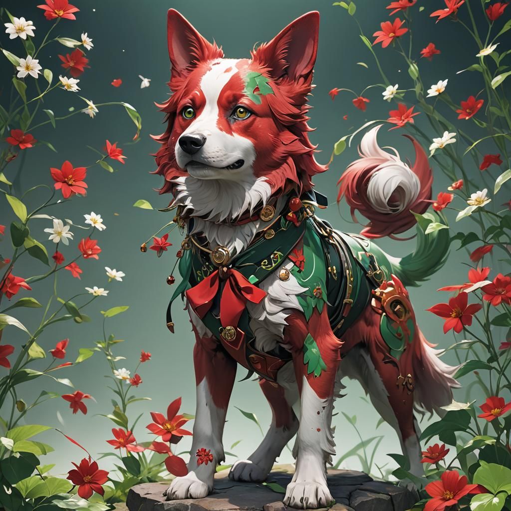 Vibrant Anime-Inspired Red and Green Dog in Stunning 8K Deta...