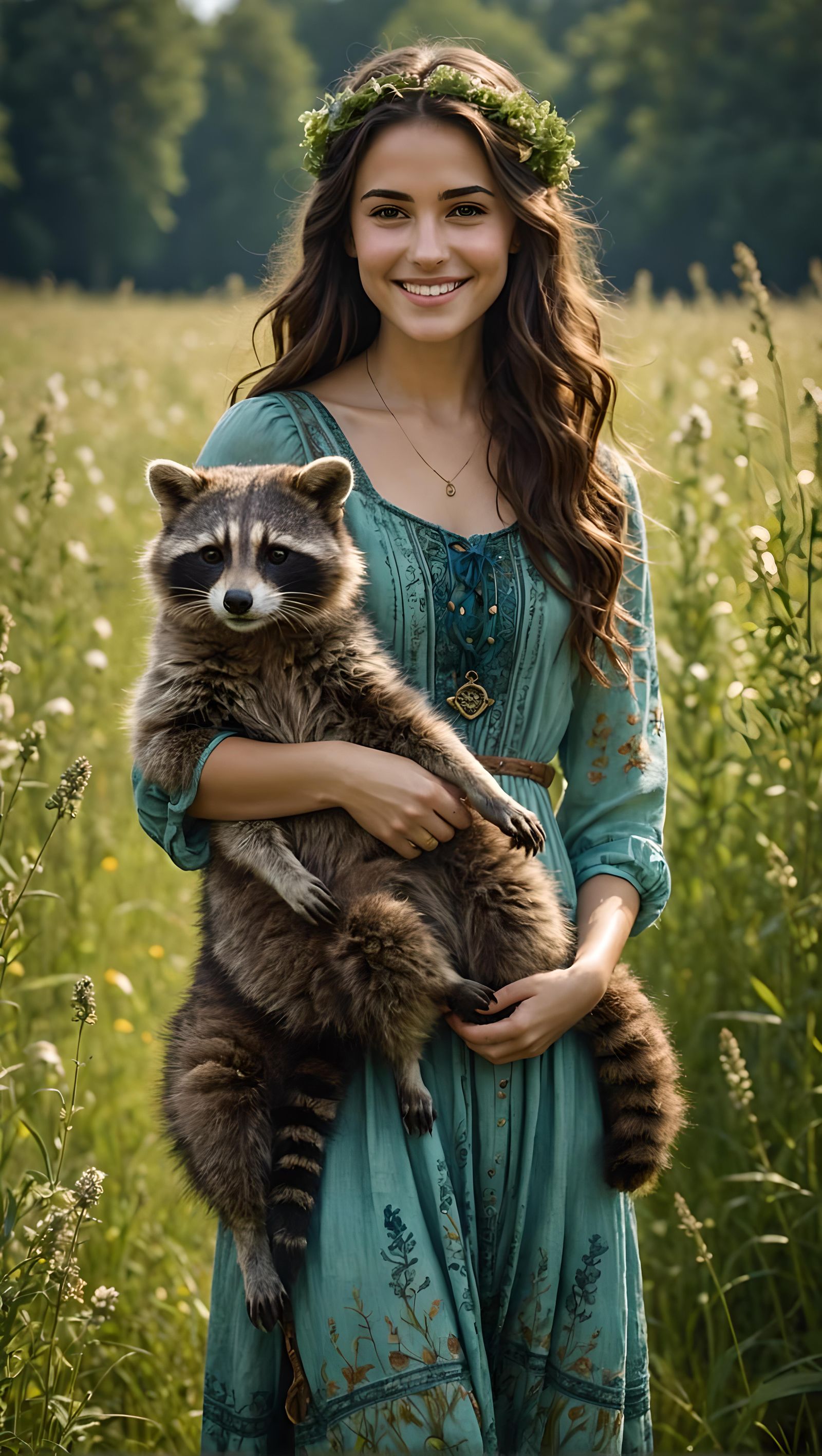 Dreamy Young Woman Holds a Raccoon in a Vibrant Meadow