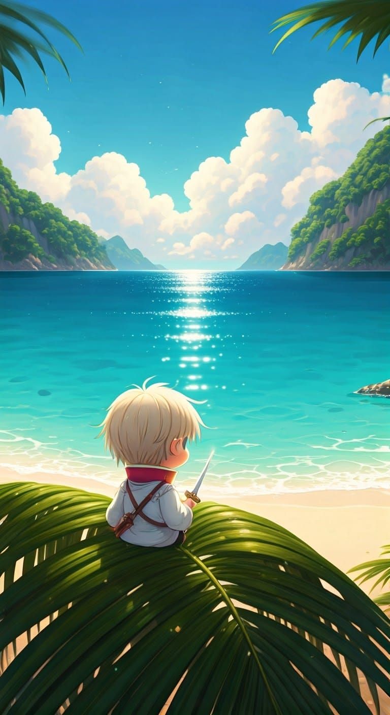 Whimsical Chibi Howl on Tropical Palm Branch