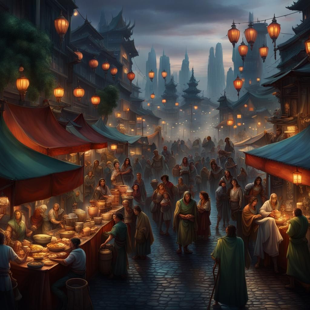 Vibrant Fantasy City Center in a Tropical Nighttime Setting