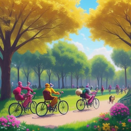 Dogs Riding Bicycles in a Whimsical Park