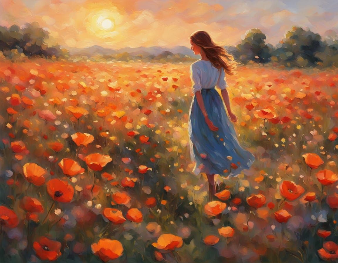 Impressionist Lady in Poppy Field Oil Painting