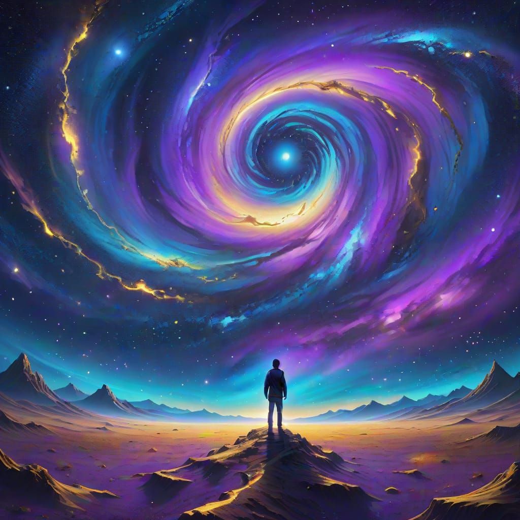Surreal Figure Amidst Swirling Galaxies
