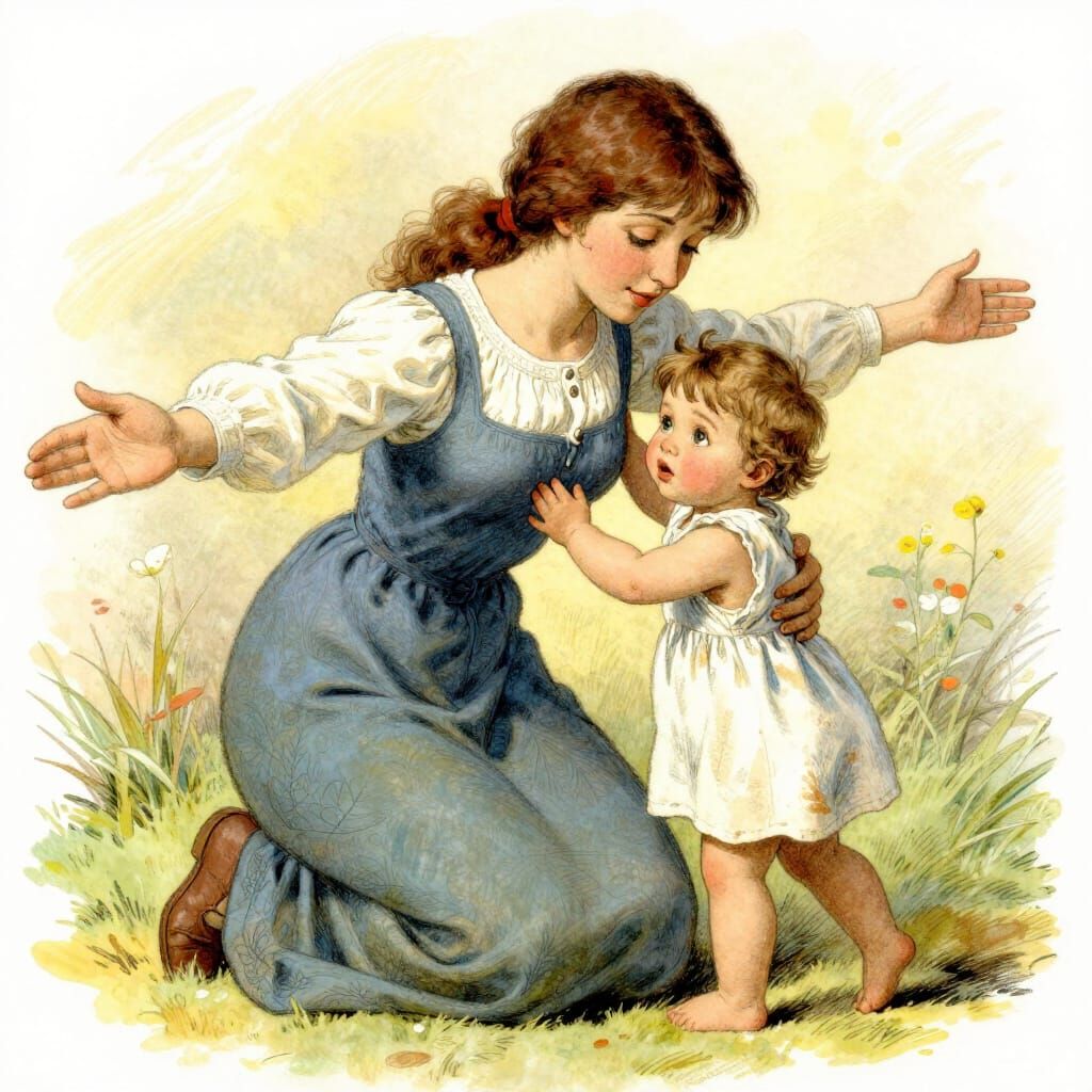 Heartwarming Fairytale Illustration: First Steps into Mother...