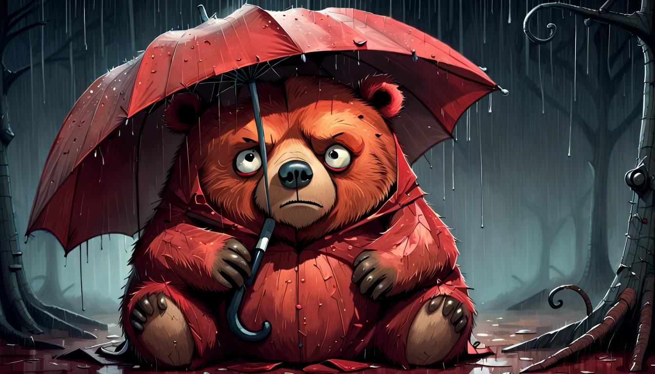Big Red Grumpy Bear Under Broken Umbrella in Frowny Storyboo...