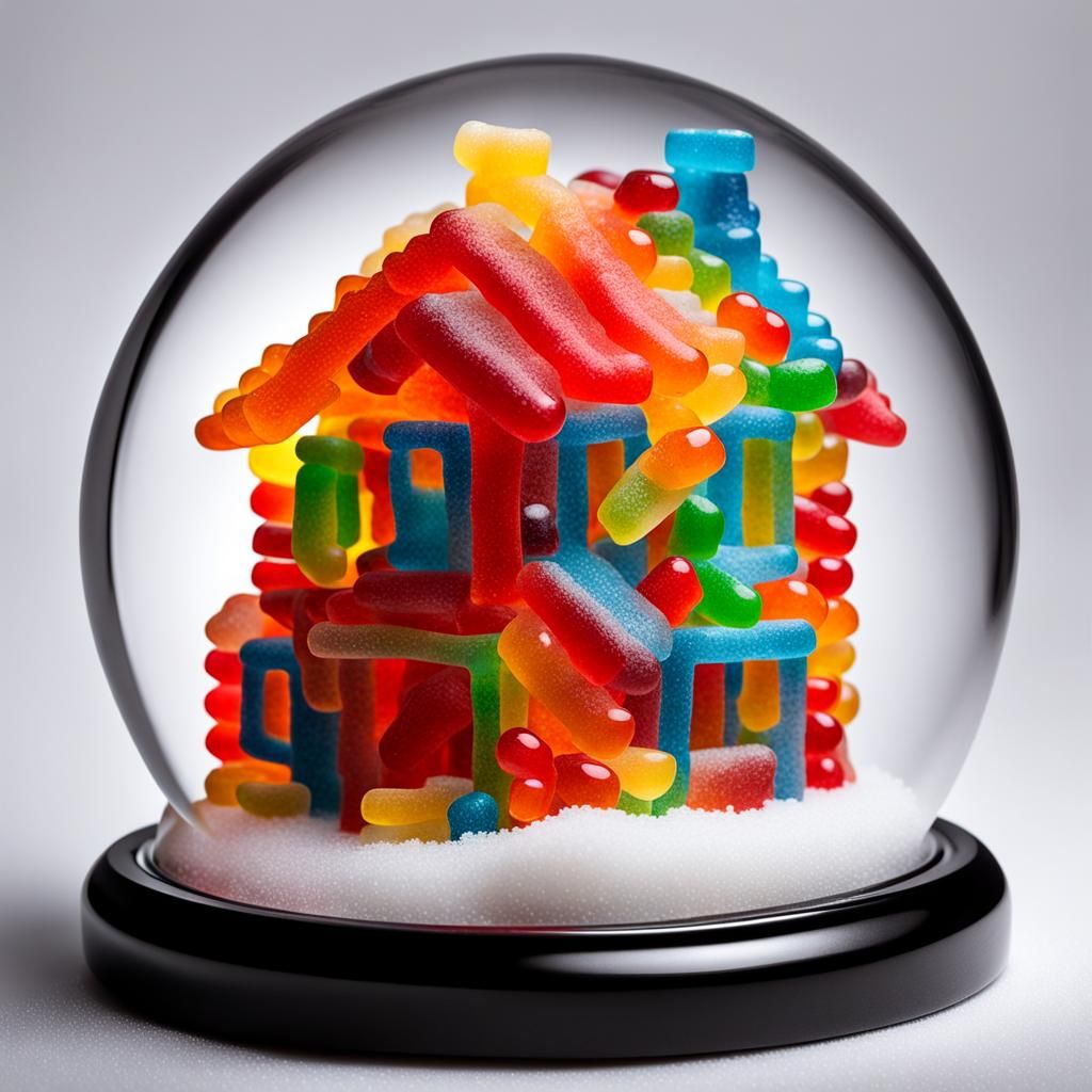 Vibrant Gummy Bear House Shimmers Within a Snow Globe
